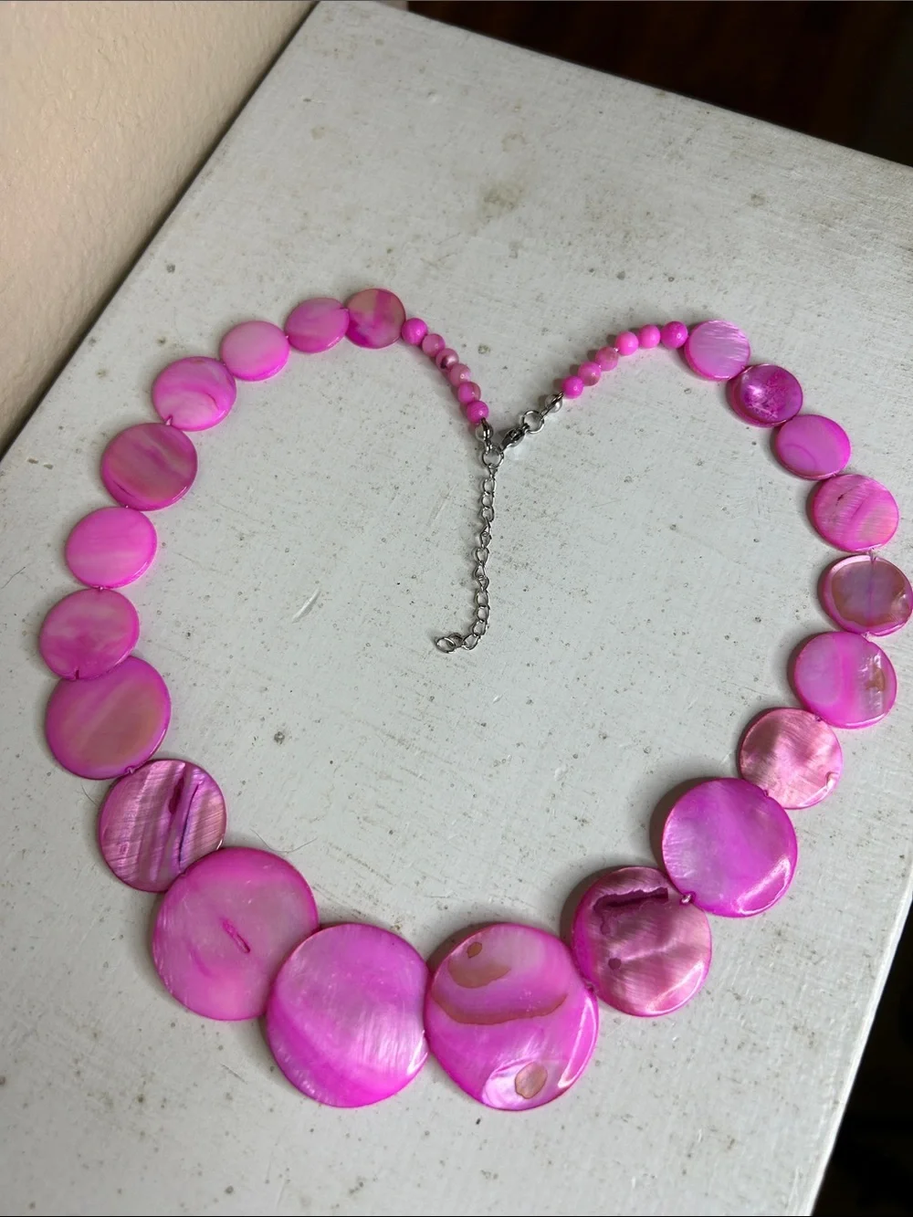 Bright Pink Faux Shell Disc Necklace with Adjustable Chain